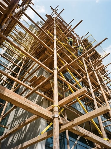 Low-angle shot looking up at a heavy-duty wooden scaffolding structure wrapping a modern building under bright harsh Kuwaiti sunlight, sharp geometric shadows, warm raw timber tones, safety yellow accents.