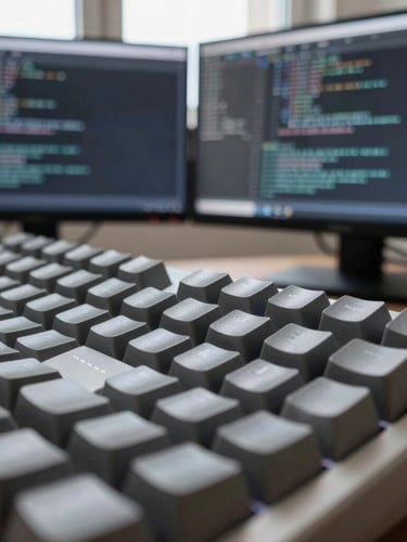 Macro close-up of a high-end mechanical keyboard and dual monitors displaying clean, highly structured code in a Parisian development office, cool natural daylight with subtle blue screen glow, desaturated slate tones, sharp focus, 35mm