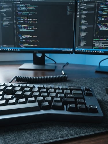 Macro close-up of a high-end mechanical keyboard and dual monitor setup displaying clean IDE code editor interfaces, cool-toned daylight with a subtle blue screen glow, sharp focus, 35mm