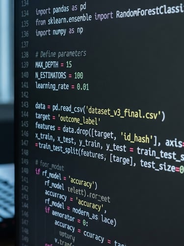 Macro close-up of a clean dark-themed IDE on a high-end monitor, lines of structured code visible, cool natural daylight with subtle blue screen glow, sharp focus, 35mm