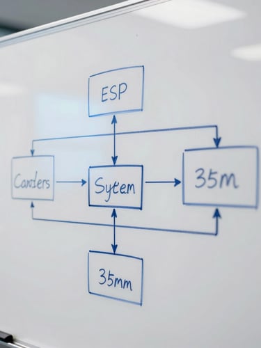 Close-up of a system architecture diagram sketched on a clean whiteboard, sharp lines, blue-spectrum lighting, professional tech studio environment