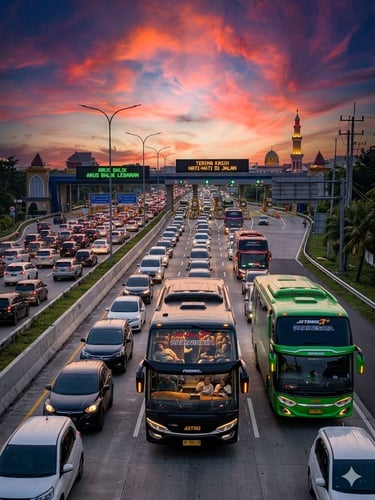 Arus balik Lebaran 2026 dengan bus pariwisata di jalan tol menuju Yogyakarta