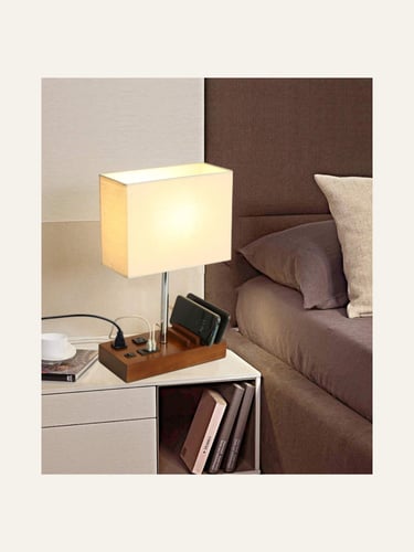 Briever Upgraded Wooden 3 USB Ports 2 AC Outlets Table Lamp Wallnut 