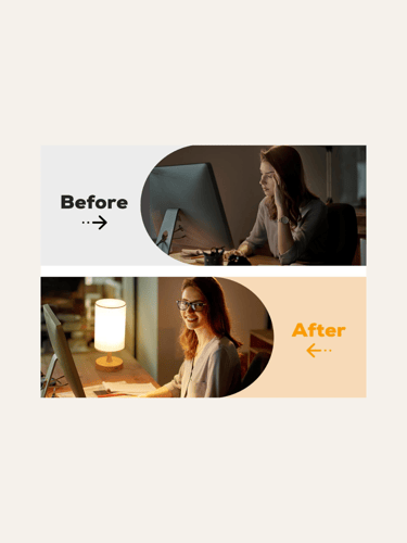 picture of 2 views of woman working at a desk with and without a desk light