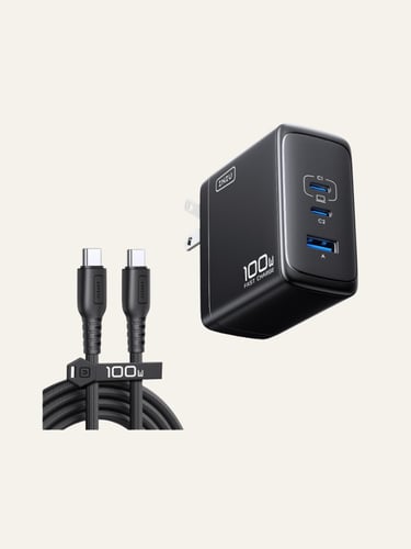INIU 100W USB-C fast charger block with triple ports and a 100W braided charging cable.