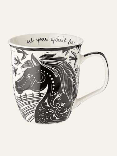 picture of cream colored mug with a black horse head design on it and handle.