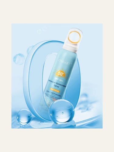 ONSART SPF 50+ Mineral Sunscreen Spray bottle with reef-friendly UVA UVB protection against a blue water bubble background.