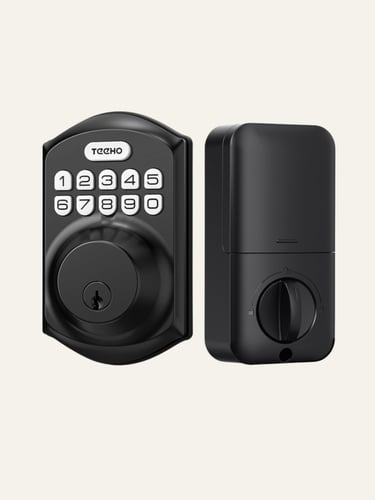 Matte black Teeho electronic keypad deadbolt door lock with numeric buttons and keyhole.