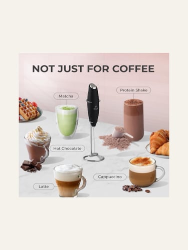 Zulay Kitchen Powerful Milk Frother Wand with mugs filled with beverages with froth