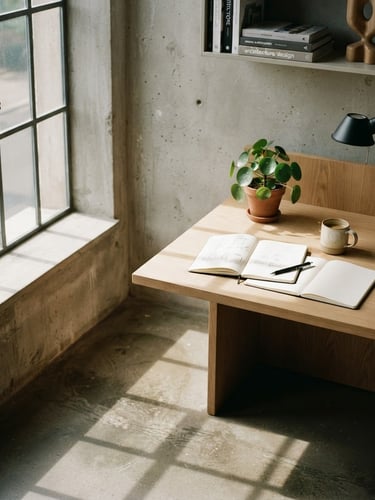 Architectural crop of a modern design studio space, soft window light casting long shadows on a concrete floor, minimalist wood desk with notebooks