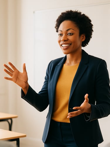 A medium shot of an active, engaged East African professional presenting confidently in a bright modern classroom. Warm natural window light illuminates the space, with a soft shallow depth of field focusing on her expressive communication, 35mm editorial style.