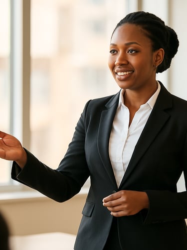 Medium shot of an elegant East African professional presenting confidently in a bright boardroom, warm window light, soft background focus, professional attire