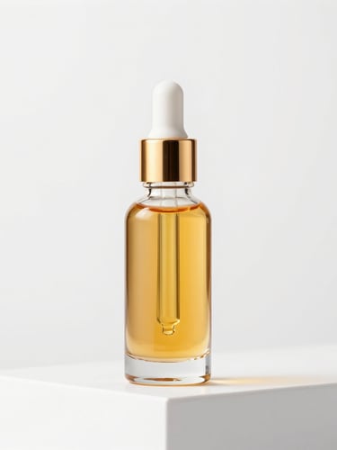 Polished studio shot of a gold-capped glass dropper bottle with amber hair oil, resting on a clean white pedestal, bright high-key lighting