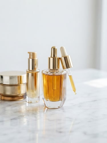 Polished studio product photography of luxury hair oils and gold-accented cosmetic bottles on a clean white marble surface, high-key lighting, soft gold reflections