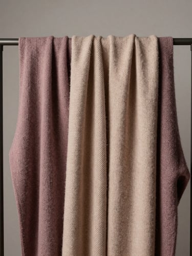 A minimalist metal rack holding structured knits and heavy silks in dusty mauve and champagne nude, soft studio highlights.