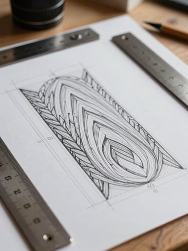 Macro detail of hand-drawn pattern lines on drafting paper, heavy metal rulers, soft directional side-light on a wooden worktable.