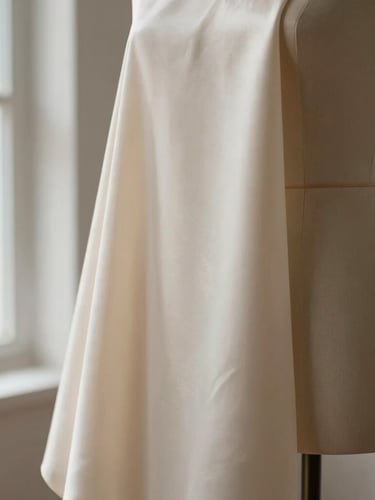 Close-up of structured heavy silk fabric being draped on a minimalist metal dress form, crisp directional window light, neutral champagne and ivory tones