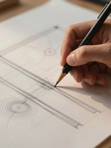 Close-up of pattern-drafting paper with hand-drawn lines, a designer's hand holding a mechanical pencil, soft studio lighting with warm highlights, editorial framing.