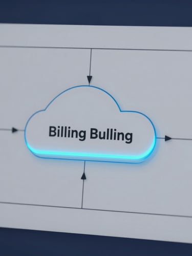 Precise technical line-art schematic of cloud billing routing flow, clean slate gray lines on deep navy background, sharp focus, 50mm lens.