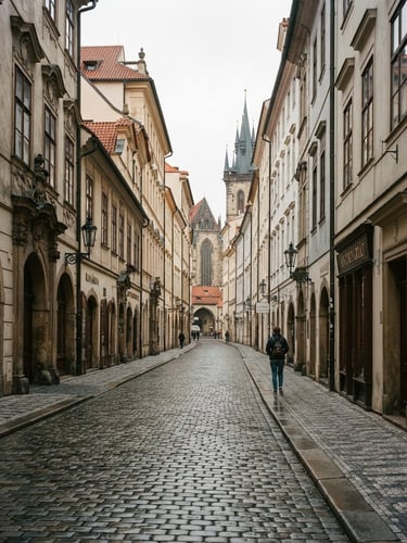 A photojournalistic wide shot of a historic city street with natural overcast daylight, a person walking in the distance, sharp focus, 35mm lens style.