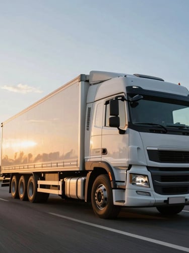 Dynamic low-angle shot of a clean modern transport truck driving on a spacious highway at golden hour, clear sky, professional lighting, reflecting reliability.