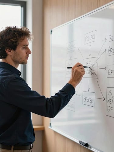 A focused strategist in a bright, modern office sketching a campaign architecture on a physical whiteboard, natural window light, deep navy tones, shallow depth of field, 50mm lens