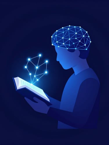 Abstract vector illustration of a stylized human figure reading a book, with glowing digital connections flowing from the book into the figure's mind, deep indigo and neon blue colors, clean geometric lines, wide negative space, modern academic aesthetic, flat design.