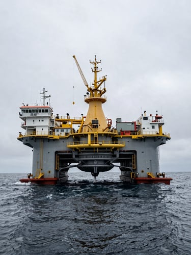 A heavy-lift pipelaying vessel active in overcast North Sea gray waters, massive steel stinger visible at the stern, high-contrast natural lighting, ultra-wide environmental shot.