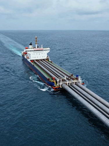Wide-angle aerial view of a massive pipe-laying vessel operating in the cool, overcast North Sea, heavy steel pipelines trailing into deep blue water.