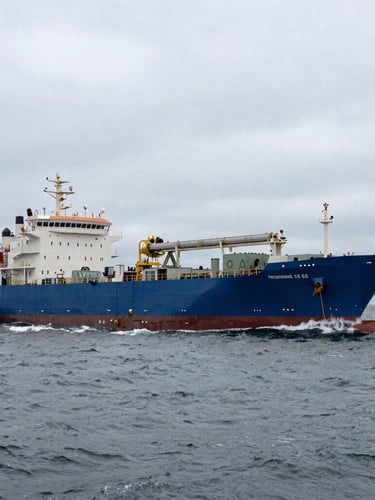Wide panoramic shot of a massive blue pipelaying vessel cutting through rough, gray North Sea waters under an overcast sky, industrial scale.