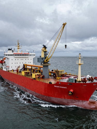 Wide-angle aerial shot of a massive deepwater pipelaying vessel in the gray North Sea, crane arm extended, industrial steel deck wet with spray, dramatic overcast sky.
