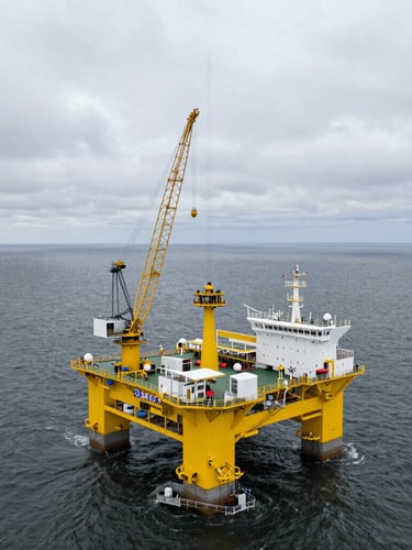 Aerial drone shot of a massive offshore wind turbine installation vessel in the North Sea, a giant yellow jacket foundation suspended by a heavy-lift crane over deep gray water, overcast sky, extreme scale contrast.