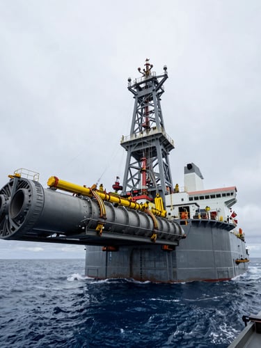 Low-angle heroic view of a heavy subsea manifold being deployed from a drillship deck, cool overcast daylight, steel grays and deep blues, realistic engineering focus.
