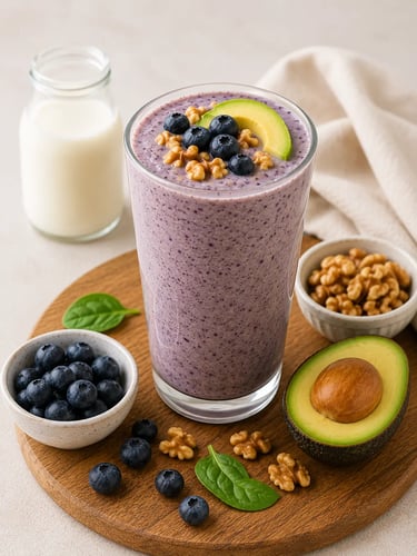 A healthy blueberry avocado smoothie topped with walnuts and fresh berries in a tall glass.