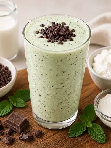 A creamy mint chocolate chip protein smoothie topped with cacao nibs on a wooden board.