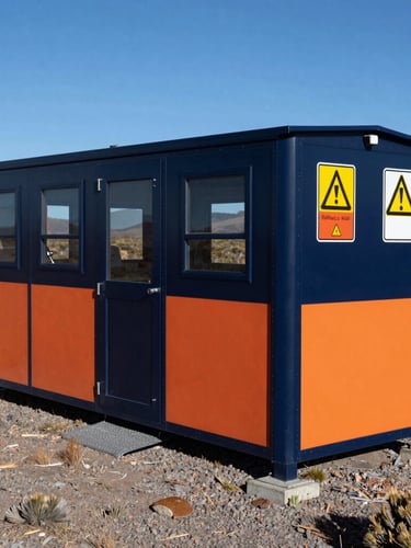 State-of-the-art modular field clinic in the Patagonian steppe under high-contrast natural daylight, industrial safety signs visible, sharp focus, 35mm