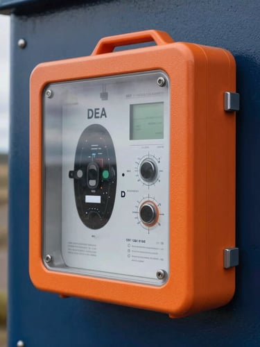 Close-up of a modern automated external defibrillator DEA mounted on an industrial wall, safety orange accents, clear technical medical equipment, sharp daylight