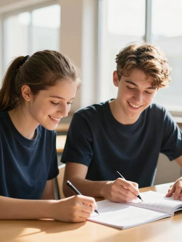 A bright, warm editorial portrait of two smiling teenagers collaborating over a debate flow sheet on a wooden table, soft gold sunlight streaming through a large window, shallow depth of field.