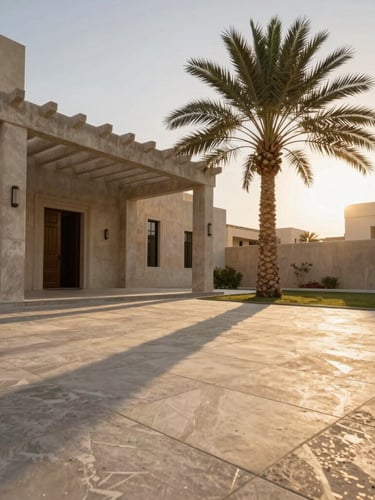 Low-angle heroic shot of a modern Riyadh villa courtyard at golden hour, featuring a cast-concrete pergola, sharp geometric stone paving joints, and a mature native palm casting long shadows.