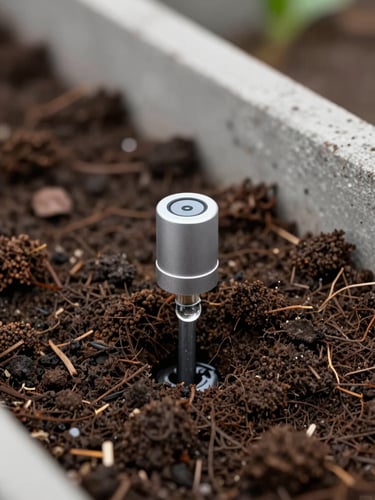 Macro shot of a high-tech drip irrigation sensor nestled in rich, dark composted soil, sharp focus on water droplet, modern concrete border in background.