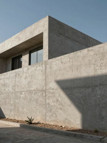 Low-angle heroic shot of a modern minimalist concrete villa boundary wall under construction, sharp geometric shadows cast by the harsh Riyadh sun, raw textured concrete.