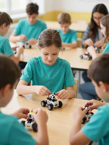 An active, cheerful STEM workshop with diverse families building a small robotic kit together, warm candid photography, bright natural daylight, shallow depth of field.