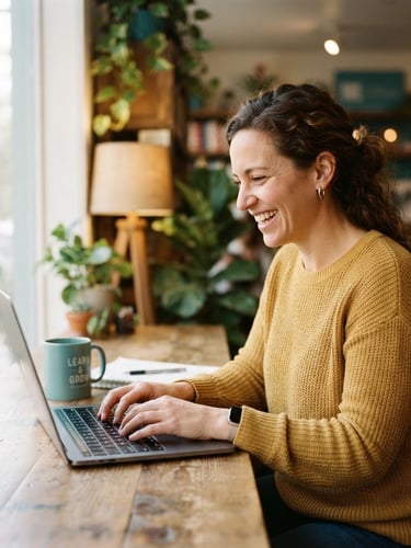 A warm candid photo of an adult learner smiling while typing on a laptop, soft natural window light, cheerful teal accents, shallow depth of field