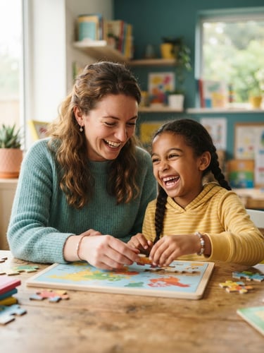 A warm candid portrait of a female tutor laughing with a young student as they solve a puzzle together in a bright, modern room, soft teal and yellow accents, shallow depth of field
