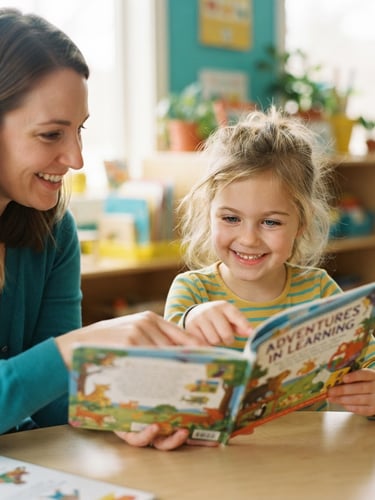 A candid close-up of a young child smiling while reading a colorful book next to an adult tutor, bright natural daylight, soft yellow and teal accents, shallow depth of field.