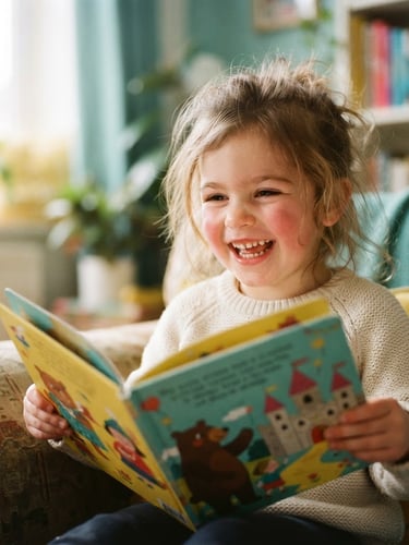 Candid close-up of a child laughing while reading a colorful book, warm natural daylight, soft teal and yellow accents, shallow depth of field.