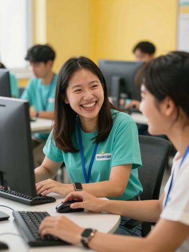 A volunteer tutor laughing with an adult learner in a bright digital literacy class, modern computers in background, warm candid 35mm photography.