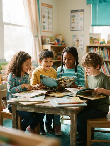 Candid medium shot of diverse children reading together in a bright, sunlit room, soft natural daylight, shallow depth of field, cheerful teal accents.