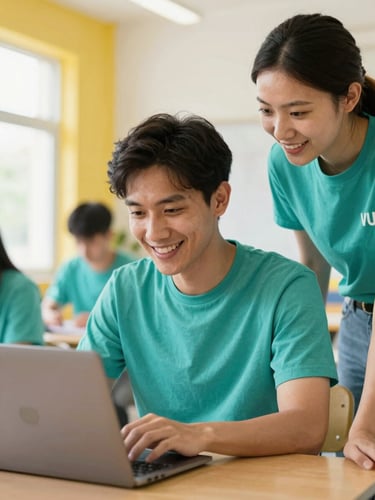 An adult learner smiling while working on a laptop computer, guided by a volunteer tutor in a bright, airy community center with yellow accents.
