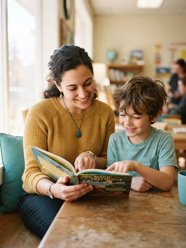 Candid medium shot of a tutor helping a smiling young student read a book, warm natural window light, soft teal accents, shallow depth of field.